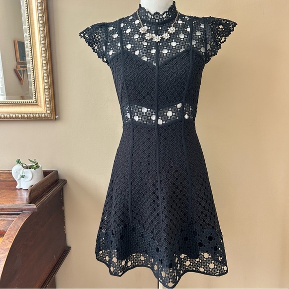 Sandro Jannie Lace A-Line Mini Dress Black Cap Flutter Sleeve Mini Size 38 - Picture 4 of 16